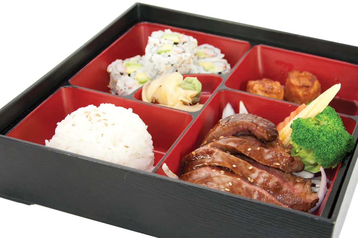 Teriyaki steak bento with rice and sushi at Yahao Asian Cuisine，an Asian Fusion Restaurant in Great Neck