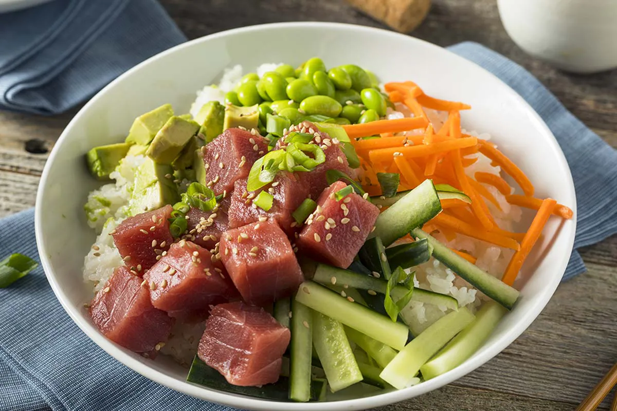 Tuna poke bowl with avocado and edamame at Yahao Asian Cuisine，an Asian Fusion Restaurant in Great Neck